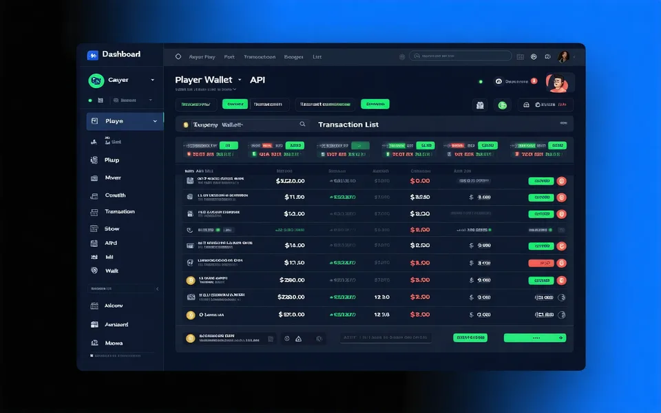 Developer dashboard showing player wallet balances and transaction history in a dark UI